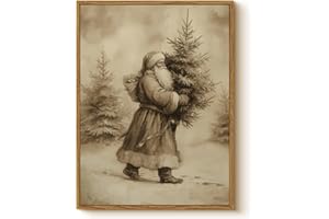 WHASAYART Vintage Santa Claus Carrying Christmas Tree Wall Art, Retro 12x16 Framed Canvas Print, Rustic Sepia Tone Santa with Pine Tree Artwork, Classic Winter Holiday Entryway Bedroom Home Décor