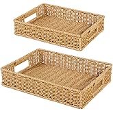 Fvstar 2pcs Woven Baskets Serving Trays with Handles, Poly Wicker Bread Basket Rectangular Platters for Fruit, Vegetables, Breakfast, Drinks, Snacks, Dining Coffee Table, 2 Size
