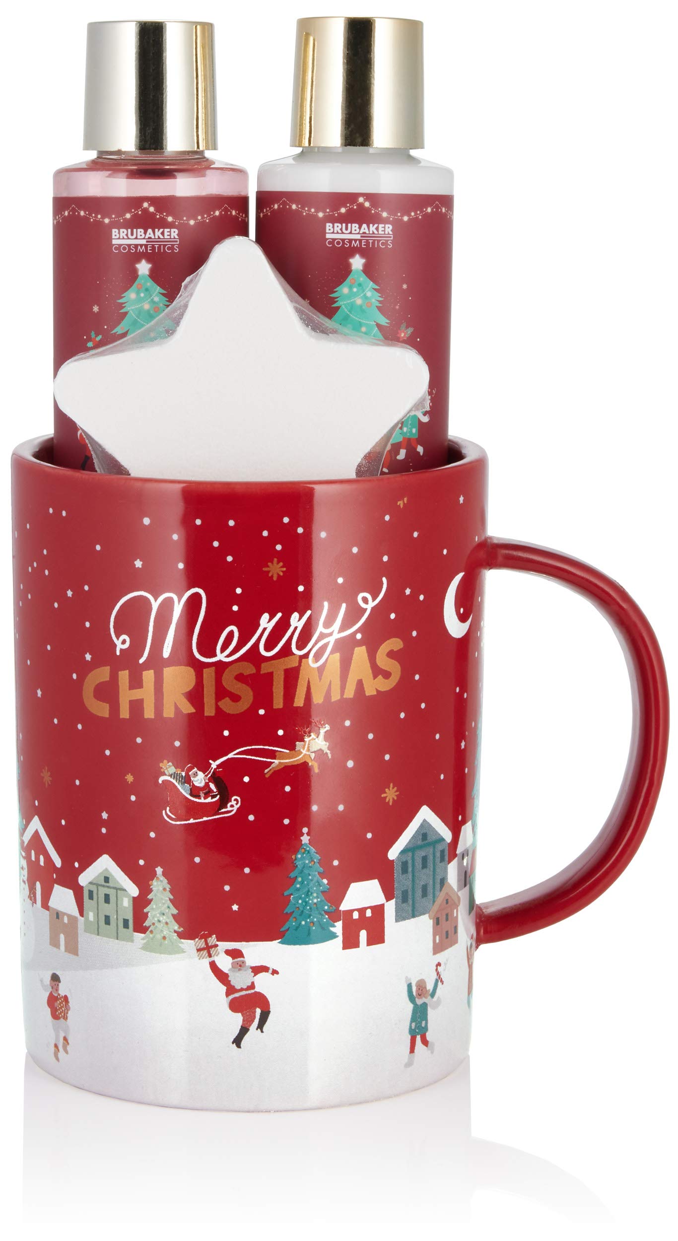 BRUBAKER Cosmetics Bath and Shower Set Winter Berry Fragrance - 4-Piece Gift Set with Large Christmas Cup - Christmas Set for Women and Men