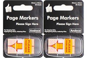 ANDOCA Please Sign Here Message Flags, 100 Pages Total, 0.98 x 1.77 Inch Wide, Easy to Post, 50 Flags/Dispenser, Medium Yellow, 2 Dispensers/Pack