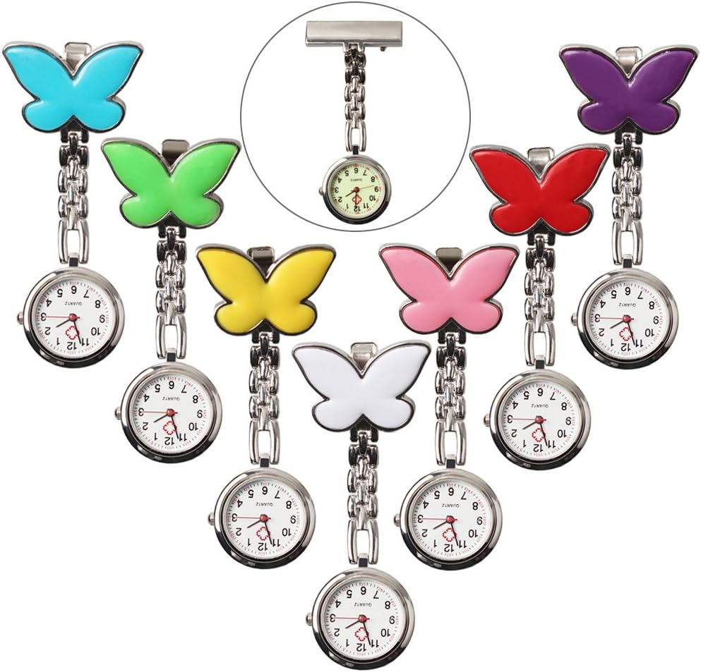 Steel Butterfly Brooch Analog Quartz Fob Pin-on Pocket Watch 7 Colors for Women (Pack of 7)