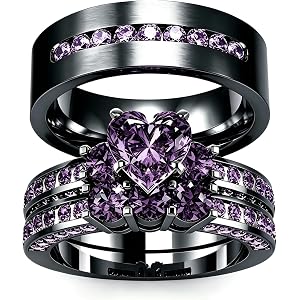 RYNSITO Amethyst Rings for Couples Matching His and Hers Rings Set with Purple Gemstone Amethyst Couple Promise Rings Wedding