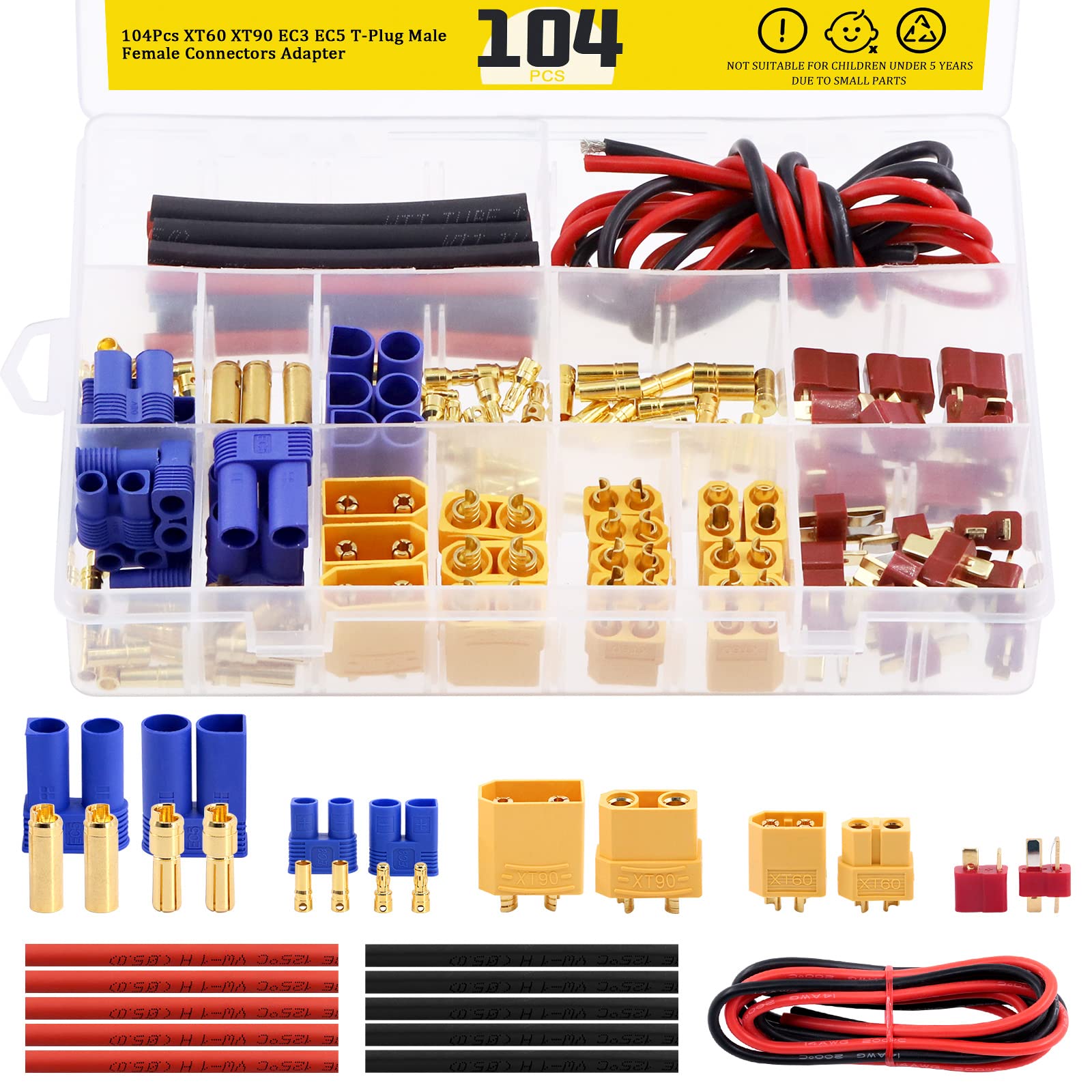 Mardatt 104 Pcs XT60 / XT90 /EC3 / EC5/T-Plug Deans/3.5mm Banana Plug Male Female Adapter Connectors with Heat Shrink Tube and Silicone Wire for RC Battery Charger ESC Motor Accessories