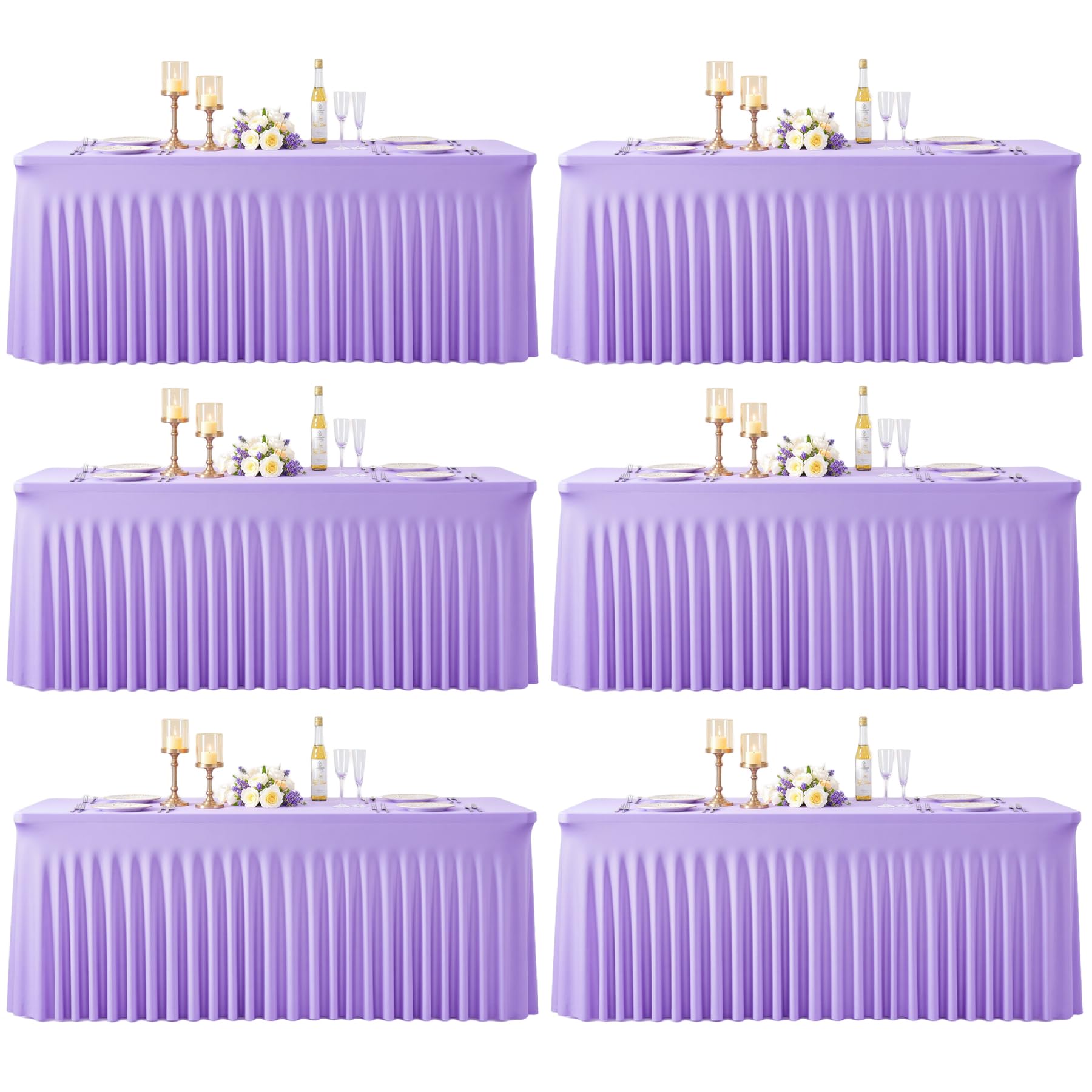 Photo 1 of Suppromo 6 Pack 6ft Lavender Spandex Table Cloths for Rectangle Tables Wrinkle Free Light Purple Rectangle Tablecloths Stretch Fitted Table Cover for Birthday Party Wedding Banquet Baby Shower Buffet