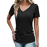 Bliwov Womens V Neck T-Shirts Short Sleeve Ruched Buttons Tops Dressy Casual Business Blouses 2026 Spring Summer Tees S-3XL