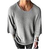 Verdusa Men's Drop Shoulder 3/4 Sleeve Sweaters Crew Neck Ribbed Knit Tops