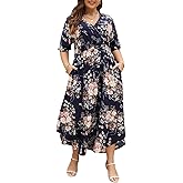 Nemidor Womens Casual Plus Size Summer Maxi Dresses Boho Print Flared Long Dress with Pocket 14-26