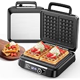 Waffle Maker, 8 Browning Levels Smart LED Digital Timer, Audible Ready Beep | 1200W Belgian Waffle Maker, 1" Thick Large Waffle Maker Family Size, Stainless Steel, NonStick, No-Drip Waffle Iron, BLack