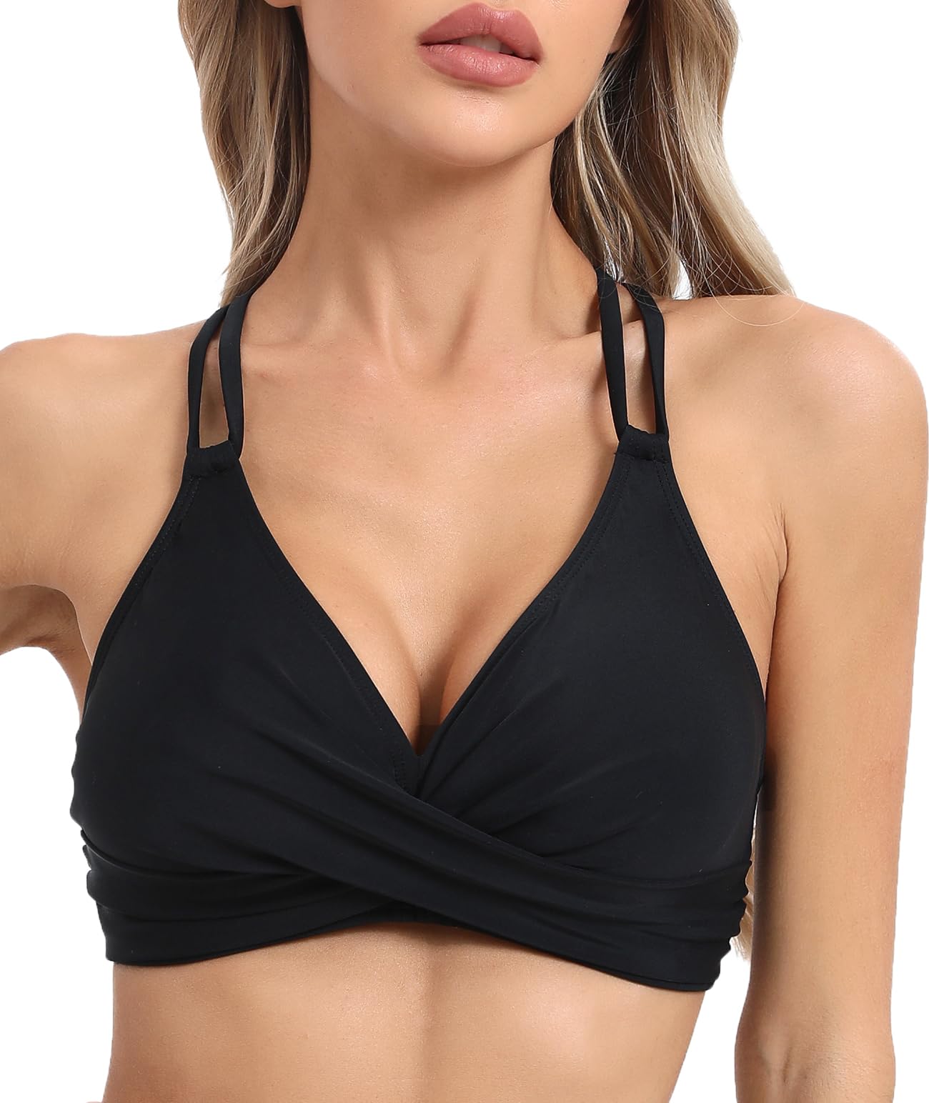 Photo 1 of Vogueric Womens Twist Front V Neck Bikini Top Push Up Padded Swim Top Swimsuit Lace Up Criss Cross Back Bathing Suits Tops Black Small