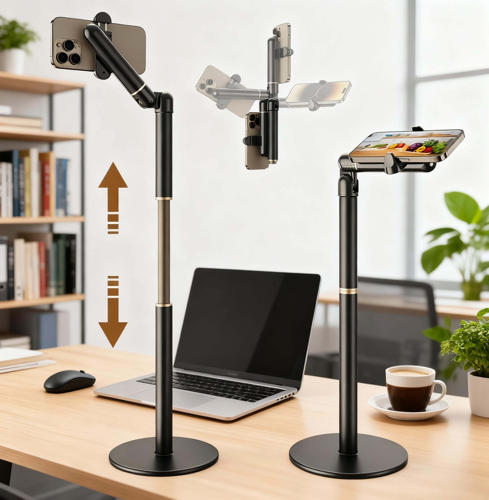 wigmoa【25inch/63cm Aluminum Overhead Phone Mount360° Angle Adjustable Cellphone Stand Holder 4"-6.9" Table Top YouTube Streaming Content Creator Video Recording. YE-S