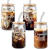 Funnymoom 4 Pcs Christian Gifts Bulk Easter Bible Verse 16 oz Glass Cups with Bamboo Lid Straw Christian Mothers Day Church Gift Bible Verse Religious Coffee Cup for Women Men Clergy (Classic Style)