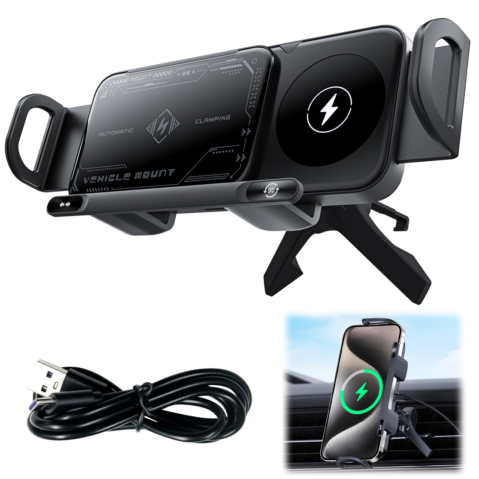 Photo 1 of OneNine 2 in 1 Auto Rotating Phone Holder, Car Charger Fast Charging Phone Holder, Rotatable Car Vent Phone Mount for Smartphone/Pad/Foldable Phone (Black)