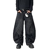 QGRSWBC Mens Baggy Jeans Mid Waist Washed Denim Pants Irregular Sutures Trousers Wide Leg Jeans with Pockets