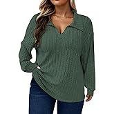 ROSRISS Plus Size Tops for Women Casual Knit Sweaters Going Out Lapel V Neck T-Shirts Lightweight Long Sleeve Blouses