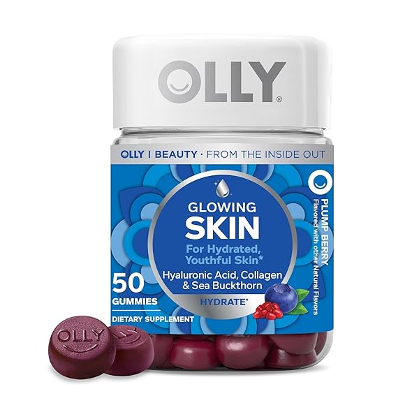 OLLY GLOWING SKIN COLLAGEN GUMMY, HYDRATED, YOUTHFUL SKIN, HYALURONIC ACID, SEA BUCKTHORN, CHEWABLE SUPPLEMENT, BERRY, 25 DAY SUPPLY – 50 COUNT