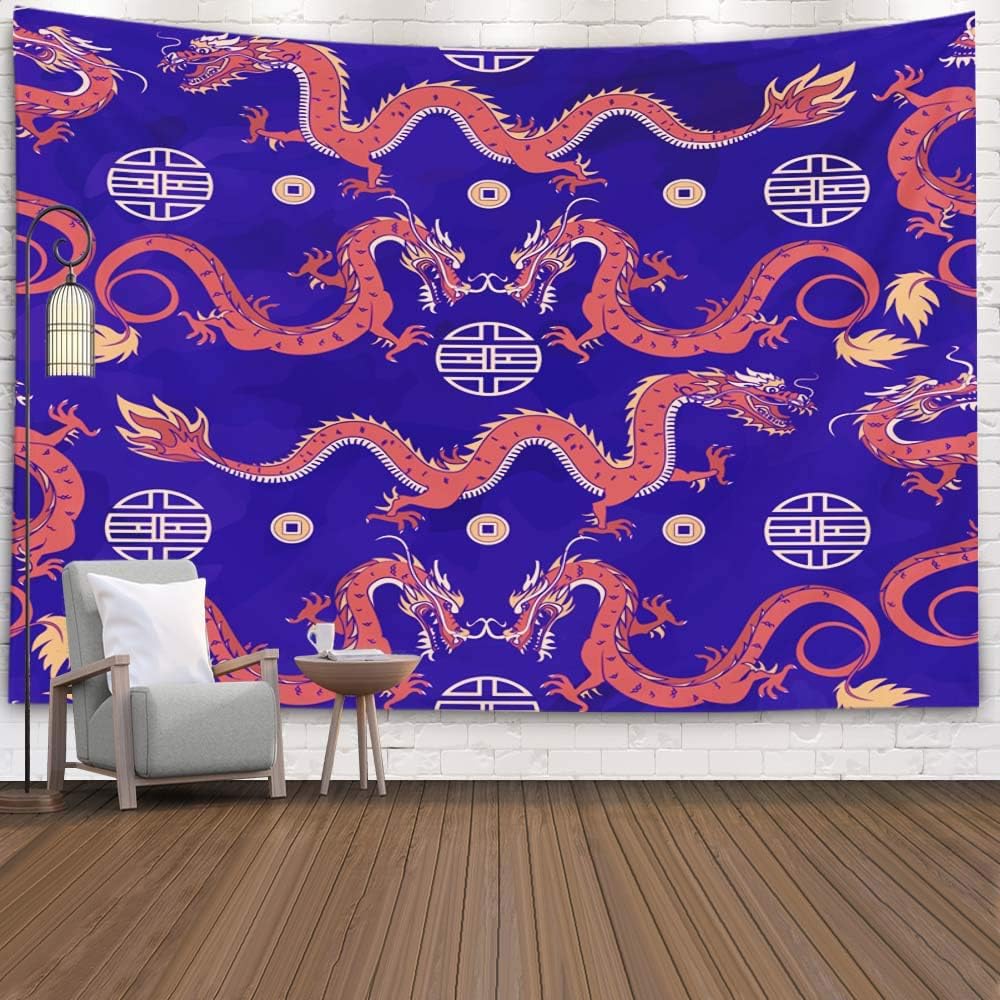 Asdecmoly Big Tapestry, Tapestry Wall Hanging Living Room Bedroom 60 Lx50 W Inches Oriental Pattern Dragons Chinese Ornament A Watercolbackground Art Printing Inhouse