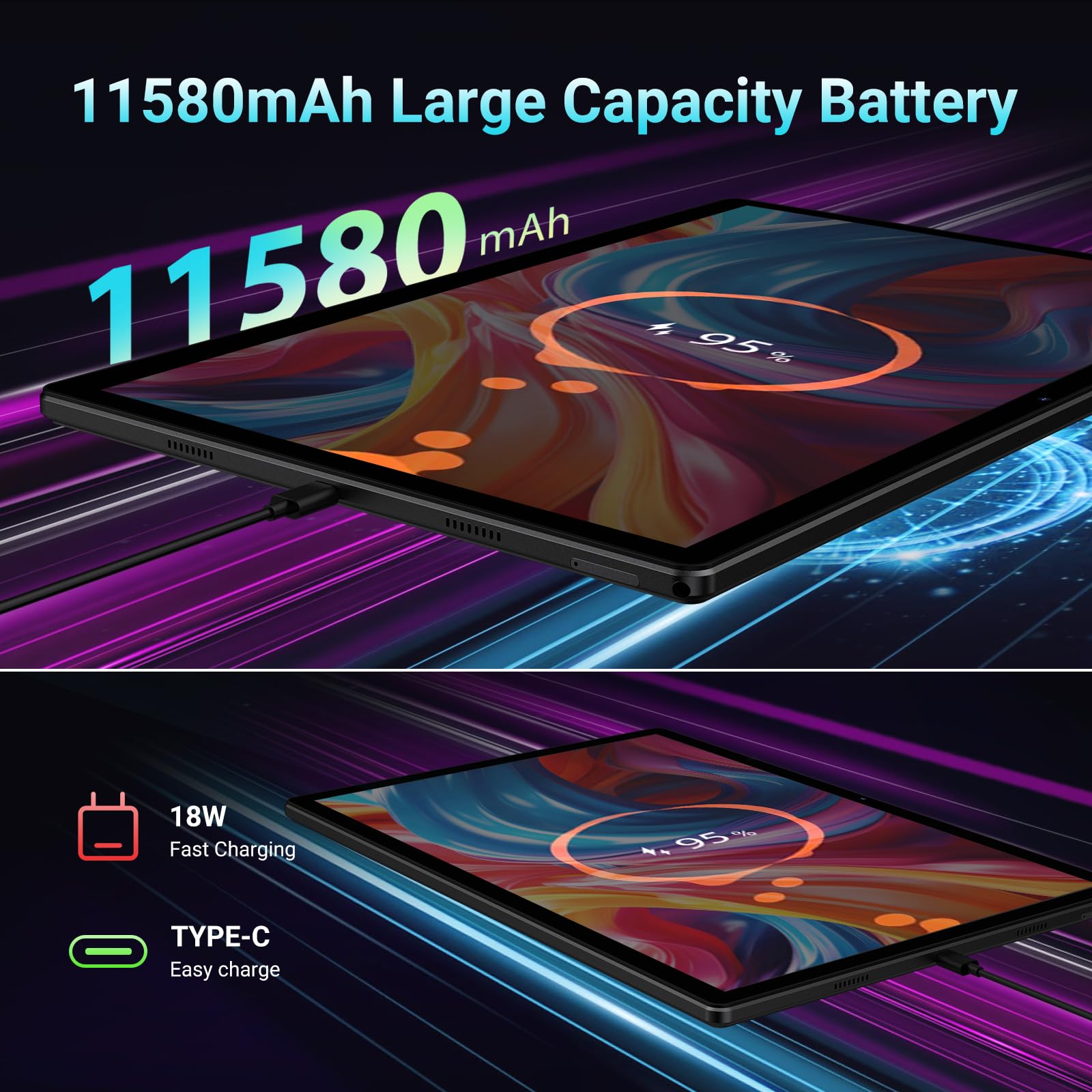 POWMUS 2025 Tablet 14 inch Android 14 Tablets, 2K Display, 256GB Storage(Expand to 1TB),36GB(12+24) RAM, 11580 mAh Battery 18W PD Fast Charger, 8 Core CPU,4 Speakers, 5G WiFi Tablet with Case-Black