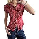 Women's Polka Dots Button Down Shirt Short Cap Sleeve V Neck Cinched Waist Casual Blouse Tops