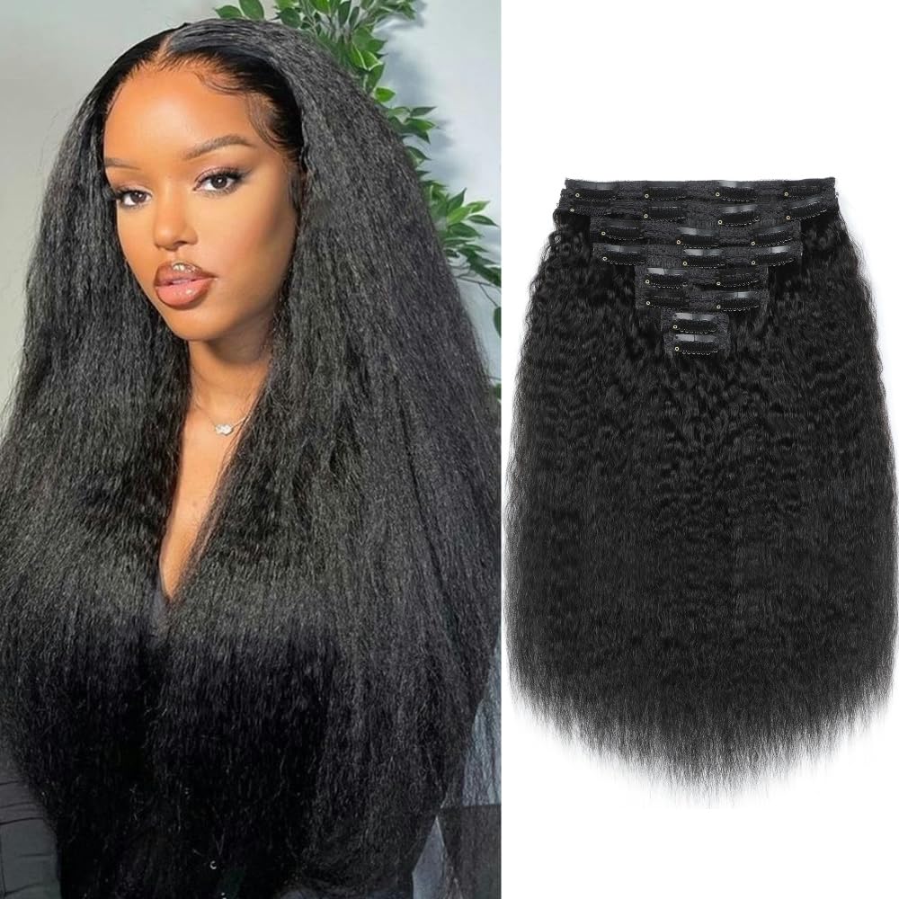 YDDM Kinky Straight Clip ins Human Hair Clip in Hair Extensions for Black Woman Full Head Brazilian Virgin Human Hair Natural Black Double Weft Clip ins 24 Inch 120g 8pcs 20Clips