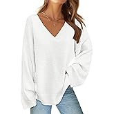 MEROKEETY Sweaters for Women Fall 2026 V Neck Oversized Cozy Chunky Knit Long Sleeve Fuzzy Fleece Pullover Winter Outfits