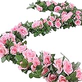 ZWYOQI 16 FT Fake Rose Vine Garland Artificial Flowers Plants Hanging Rose Ivy Home Hotel Office Wedding Party Garden Décor (Pink/2PCS)