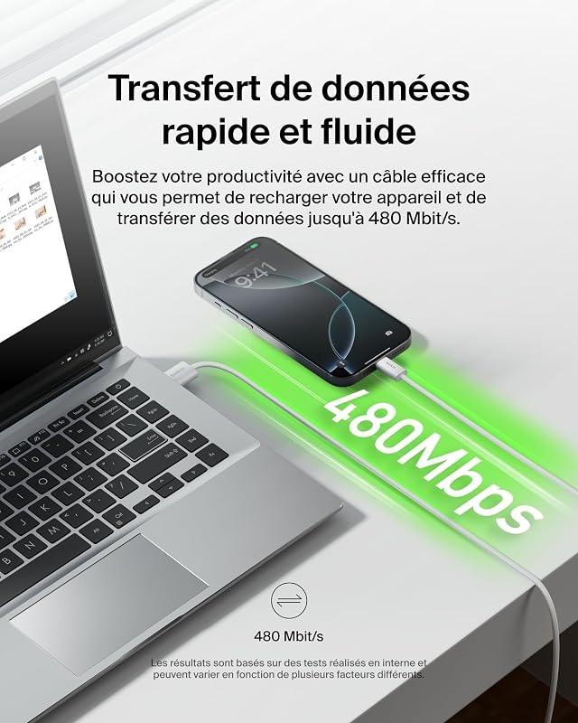 Pack de 2 Câbles USB-A vers USB-C avec gaine tressée (1,5 m, 15 W, doux au toucher, souple, recharge rapide, pour iPhone 17 et iPhone 16, Galaxy S25, Pixel 10, iPad Pro, etc., blanc)