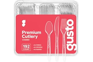 Gusto [192 Combo Pack] Premium Heavyweight Disposable Clear Silverware - 64 Forks, 64 Spoons, 64 Knives, Utensils, Cutlery Se