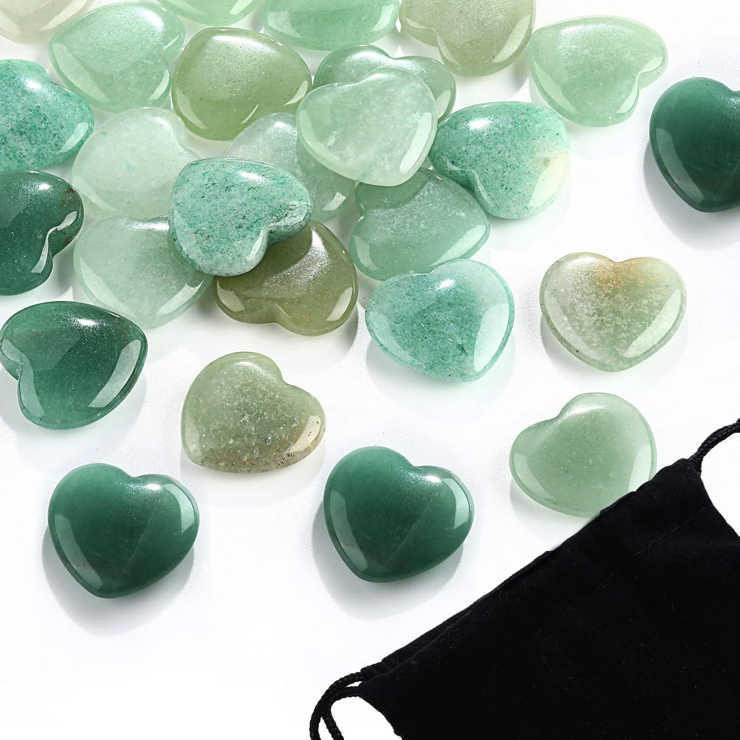 Indoor Fountains & Accessories - 24 Pcs 0.8 Inches Rose Quartz Crystal Heart Love Stones Amethyst Aventurine Tiger Eye Stones Love Carved Palm Worry Stone with Black Flannelette Bag for Reiki Balancing Wedding (Green)