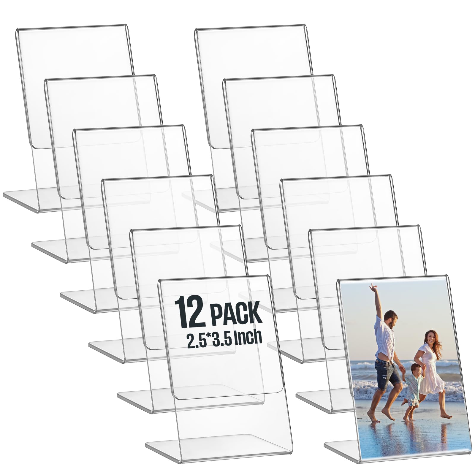 Photo 1 of Ctosree 12 Pcs Acrylic Photo Frame L shape Slant Back Desktop Photo Frames Plastic Clear Sign Clear Acrylic Display Stand Table Top Sign for Home Office Wedding Restaurant Menu (2.5 x 3.5 Inch)