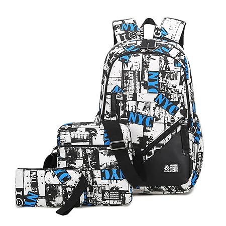 Mioy 3 Teile Set Jugendliche Schultasche Canvas Printing Rucksack Männer Schulrucksack Jungen 15 Zoll Laptop Backpack (Weiß)