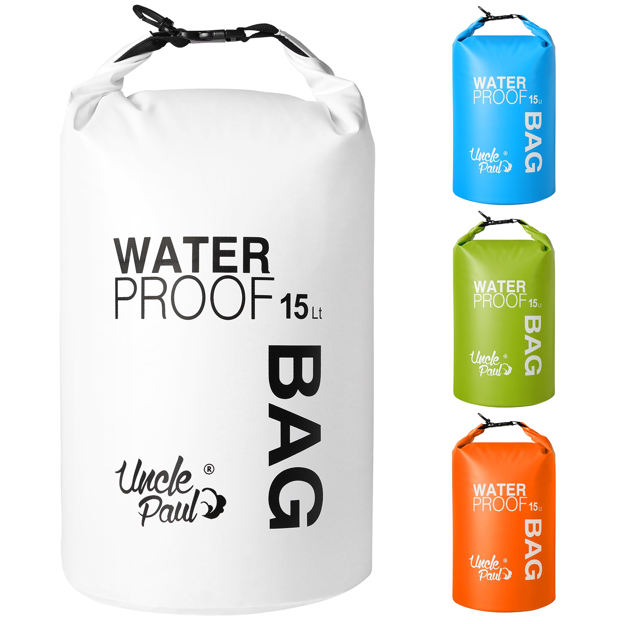 Uncle Paul Boat Dry Bags - Waterproof Bag for Drifting Boating Kayaking Fishing Rafting Swimming Camping Canoeing Surfing Pure White 15 Literes(3.3 UK gal)