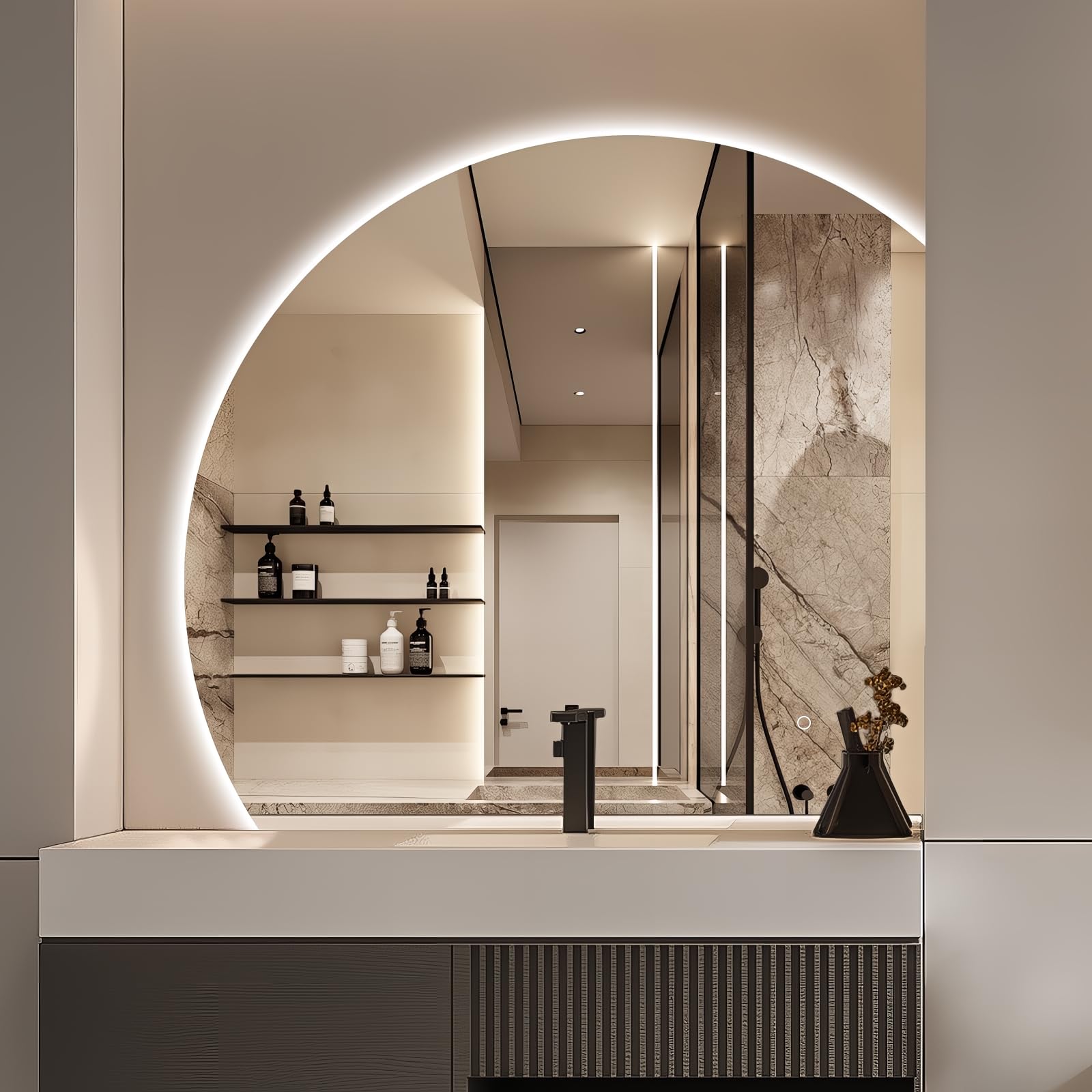 Photo 1 of ****The model may vary****
Niccy 40" LED Bathroom Mirror with Lights, Half Moon Led Mirrors, Irregular Backlit Mirrors for Entryway, Anti-Fog, Dimmable, Makeup Mirror, Explosion Proof, Round Lighted Vanity Mirrors, White Light