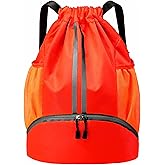 JELUTAR Drawstring Backpack Gym Bag with Shoes Compartment for Soccer, Basketball, Swim, Water-Resistant String Backpack Beach Cinch for Women Men, Red