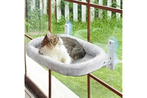 AMOSIJOY Cordless Cat Window Perch, Cat Hammock for Wall with 4 Strong Suction Cups, Solid Metal Frame and Two Replaceable Covers, Foldable Cat Beds for Indoor Cats (Large-Cushion Bed-Gray)