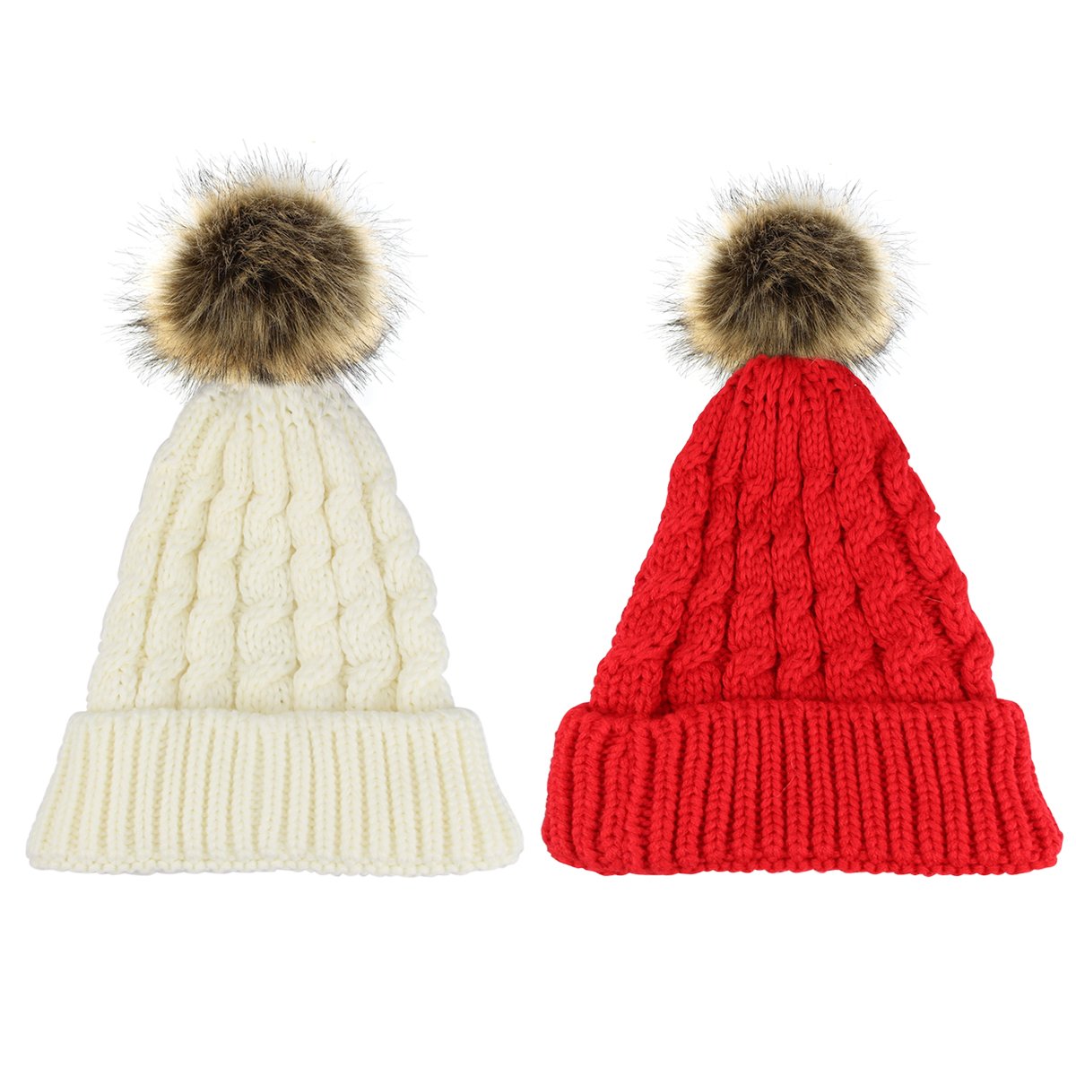 2 Pack Womens Knitted Chunky Beanie Faux Fur Pom Pom Beanie