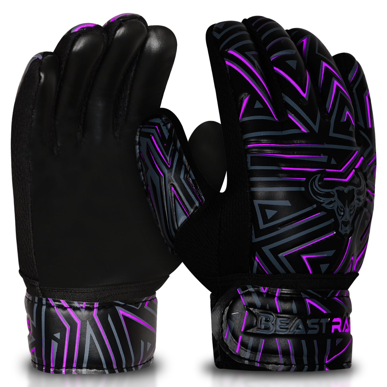 BEAST RAGE Youth Goalkeeper Gloves for Kids,Boys,Girls,Soccer Goalie Gloves Anti-Slip 3 + 3 MM Dumbo Grippy Palm,Extra Grip,Double Wrist Strap,Breathable Mesh (Purple, Size 4)