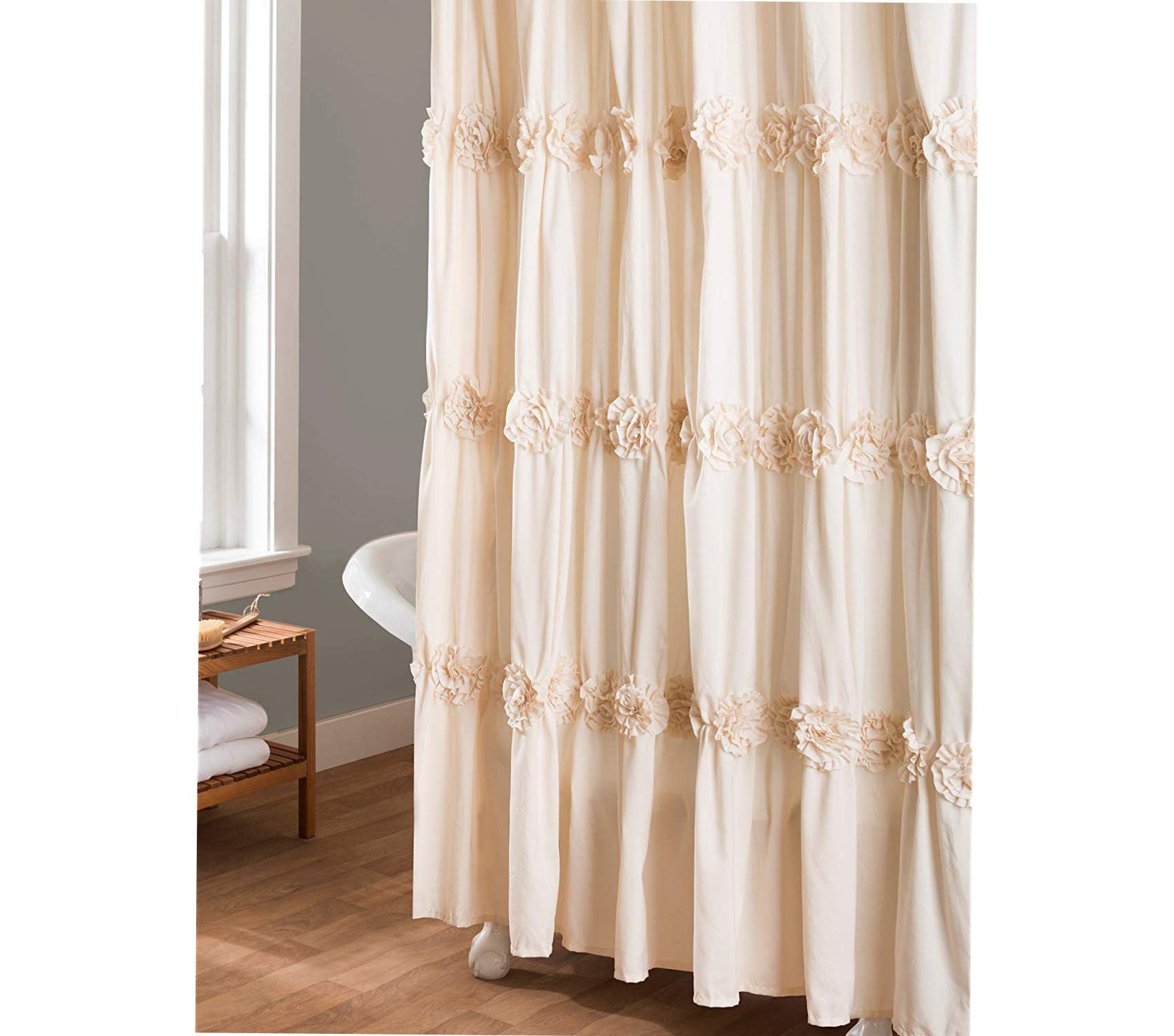 Lush Decor Darla Ruched Floral Bathroom Shower Curtain, 72” x 72”, Ivory — image 1