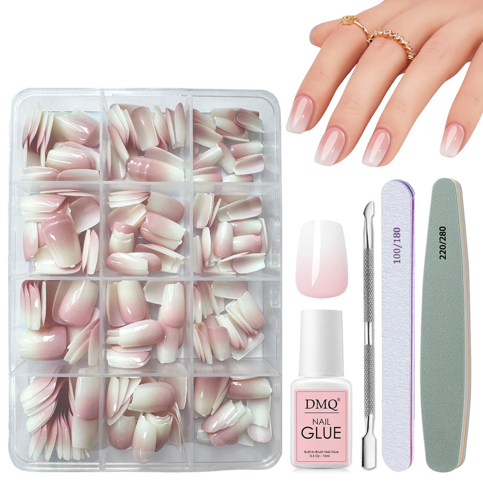 DMQ Ballet Ombre Press on Nails Short, 240Pcs French Pink Gradient False Nails, Acrylic Coffin Fake Nails Pink Tips, 12 Sizes Glossy Full Cover Stick on Nail for Women Girls Nails Art