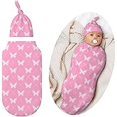 Valvphora Pink Butterfly Swaddle Blankets Newborn Receiving Blanket Baby Swaddle Wrap with Hat, Butterfly Sleeping Clothes for Baby Girls