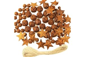 VIBNUMOM Rusty Metal Jingle Bells Kit Supplies Includes 75 Mixed Size Vintage Rusty Bells 20 Rustic Metal Star and Jute Rope Ribbon for Primitive Crafts Christmas Wreath Holiday Home Decoration (Pack of 95)