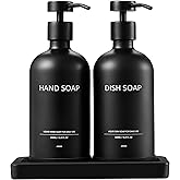 Janxin Glass Kitchen Soap Dispenser Set with Ceramic Tray,16.9 floz Hand and Dish Soap Dispenser for Kitchen and Bathroom Decor (Black Bottles +Black Pumps)