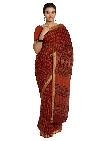 Finest Quality Cotton - Handmade Orange, Maroon and Black Booti with Zari border - Bagh Block Print Saree with Blouse Piece