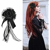 Rose Bow Hair Clip Lolita Gothic Rose Bowknot Lace Ribbon Hairpin for Women Halloween Cosplay Wedding Birthday Party (Black)