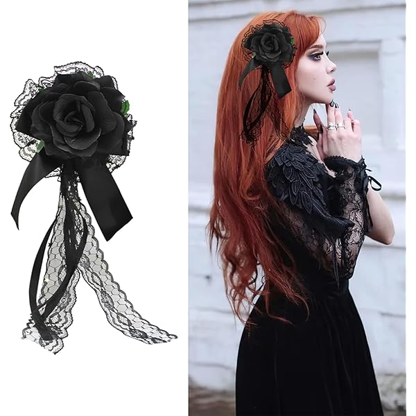 TOPPERFUN Lolita Haarspange Mit Roter Rose - Handgefertigter Gothic Haarschmuck