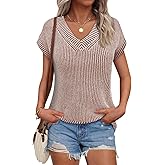 Saodimallsu Womens V Neck Short Sleeve Sweater Summer Lightweight Cap Sleeve Casual Loose Knit Pullover Tank Tops