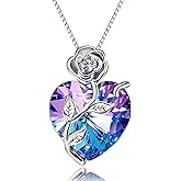 QMTIHU Rose Flower Heart Birthstone Necklace S925 Sterling Silver Rose Flower Heart Pendant Necklace Anniversary Mothers Day Gift for Women Mom Wife Her