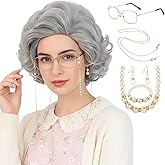 Bettecos Old Lady Wig Costume Set for Women Short Curly Grandma Wig and Glasses Silver White Granny Wigs for Old Woman Cospla