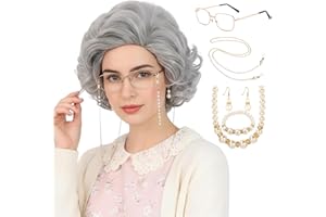 Bettecos Old Lady Wig Costume Set for Women Short Curly Grandma Wig and Glasses Silver Grey Granny Wigs for Old Woman Cosplay Halloween Party (Silver Grey/Old Lady)