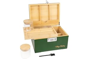 Viking Factory Premium Decorative Bamboo Box - Home Office Lock Organizer Set w/Removable Tray, Glass Jars & Adjustable Divider - Mortise-Tenon Crafted - Gift Ready for Women & Men (Green)