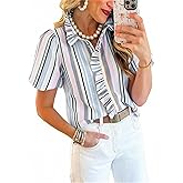 Disamer Womens Puffy Sleeves Tops Button Down Shirt Ruffle Shirt Short Striped Work Tops Trendy Babydoll Stand Collar Blouse